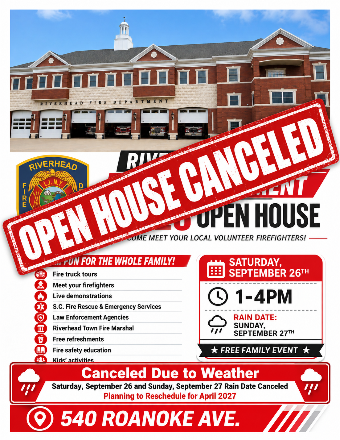 2026 Open House Canceled Riverhead Fire Department Open House canceled due to weather
