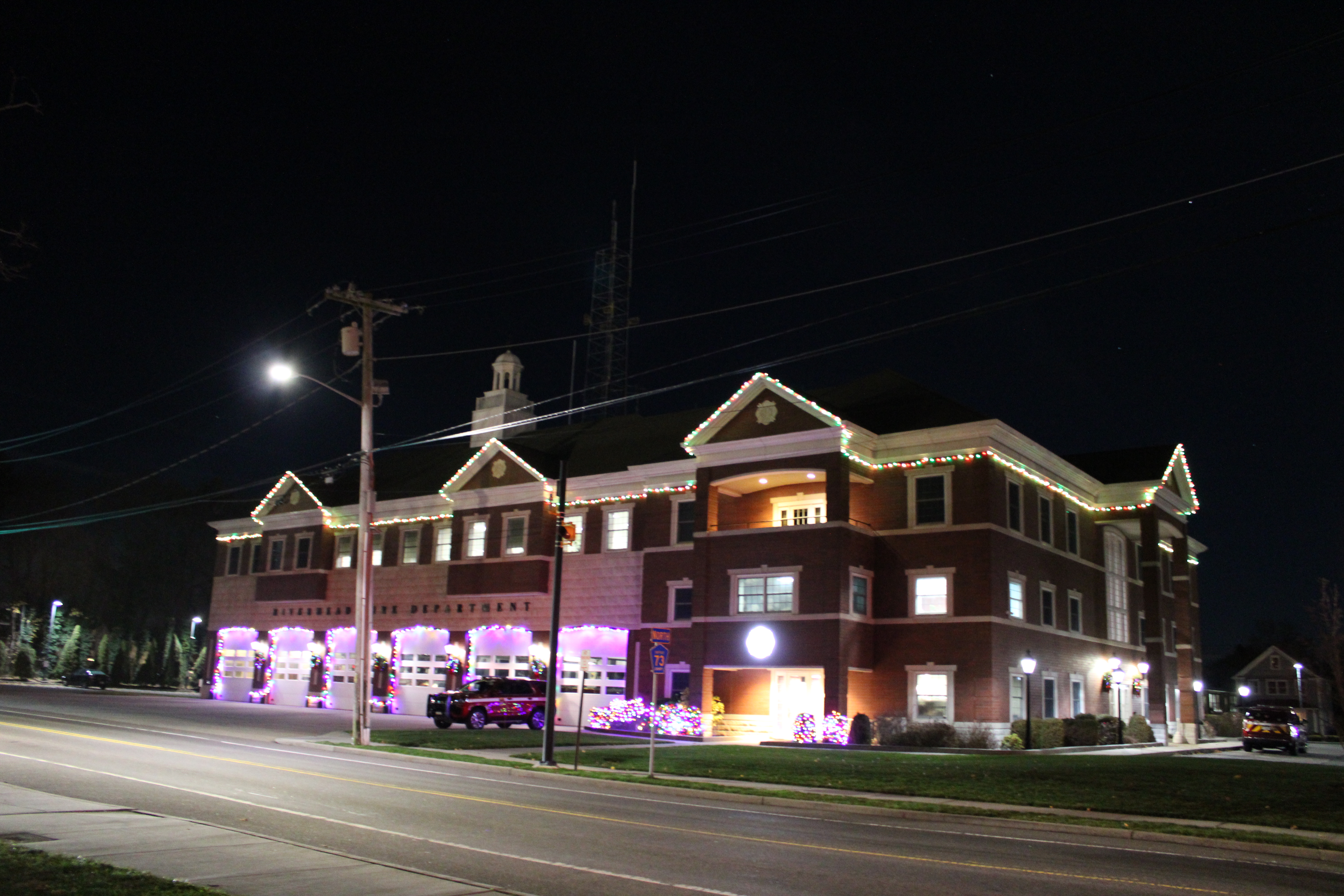 Riverhead Fire Headquarters decorated for Christmas in 2025