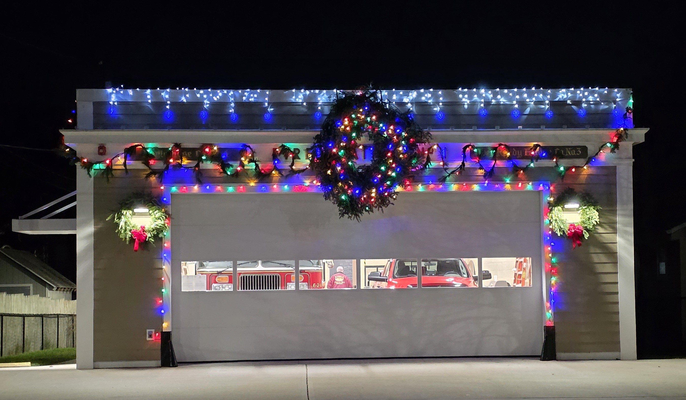 Riverhead Fire Department Station 1 decorated for Christmas in 2025