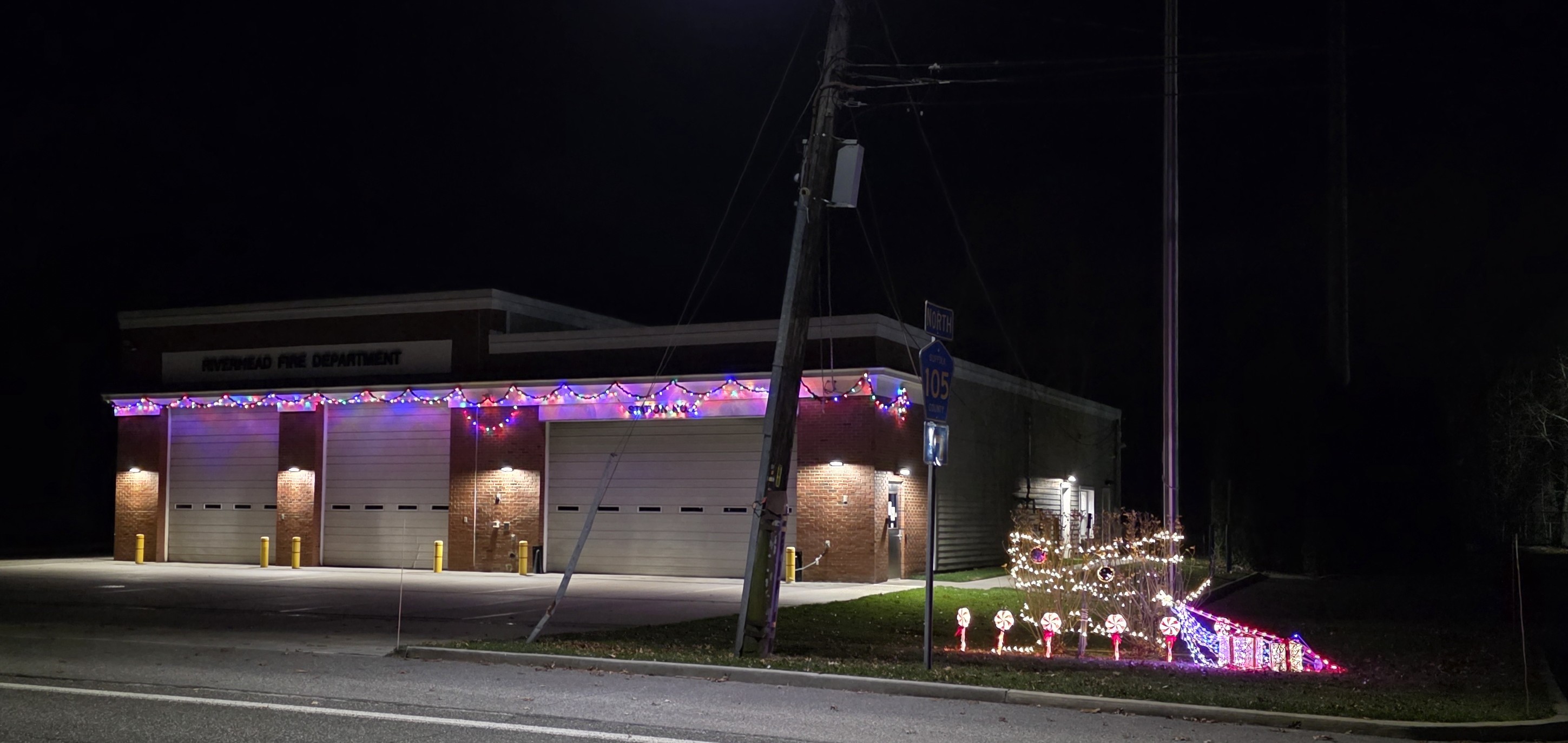 Riverhead Fire Department Station 2 decorated for Christmas in 2025
