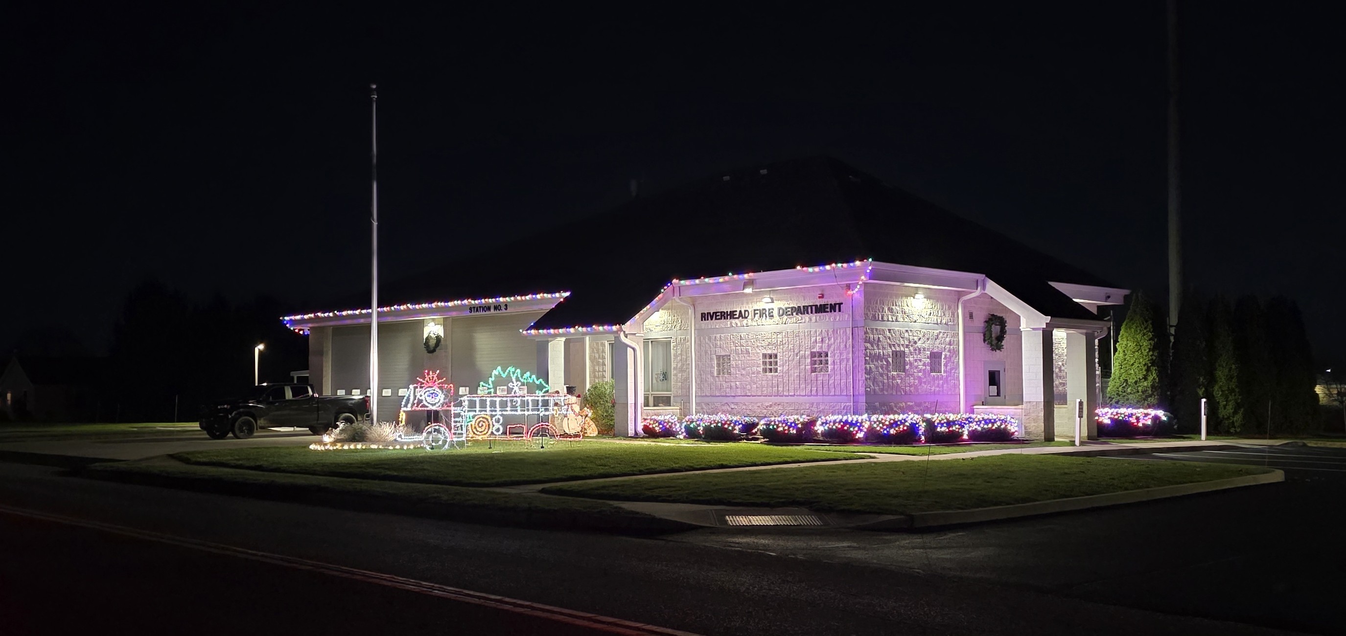 Riverhead Fire Department Station 3 decorated for Christmas in 2025